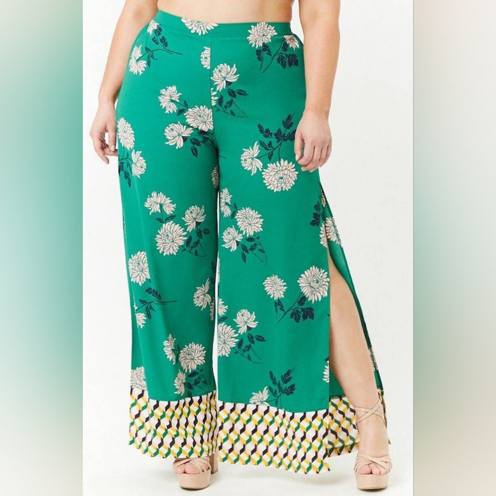 Forever 21 Green Floral Wide Leg Pants